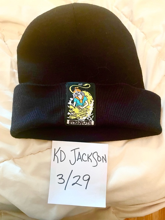 Dressed in LALA Accessories - Black Beanie Hat with tarot ‘Strength' Patch